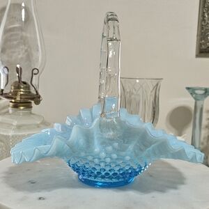 Fenton Opalescent Blue Hobnail Ruffled Basket with Clear Handle